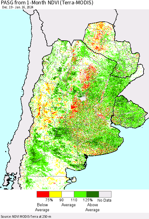 Southern South America PASG from 1-Month NDVI (Terra-MODIS) Thematic Map For 1/9/2024 - 1/16/2024