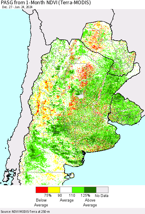 Southern South America PASG from 1-Month NDVI (Terra-MODIS) Thematic Map For 1/17/2024 - 1/24/2024