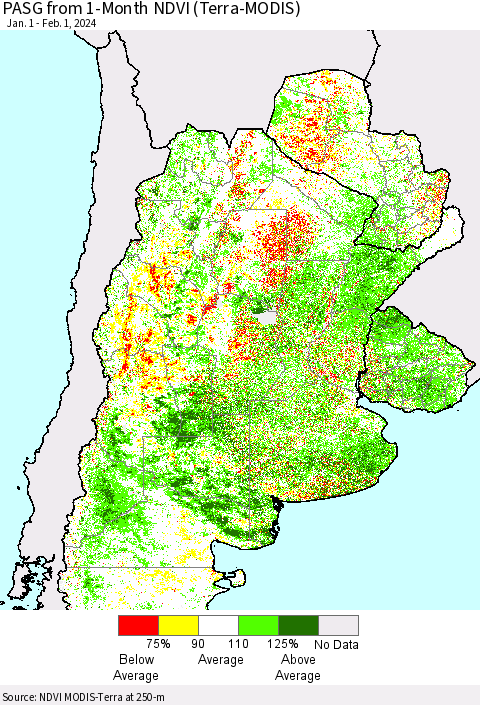 Southern South America PASG from 1-Month NDVI (Terra-MODIS) Thematic Map For 1/25/2024 - 2/1/2024