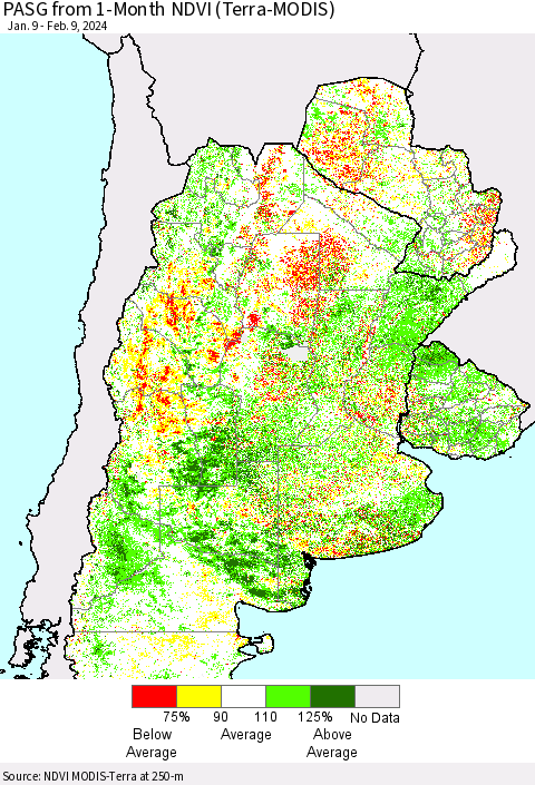 Southern South America PASG from 1-Month NDVI (Terra-MODIS) Thematic Map For 2/2/2024 - 2/9/2024