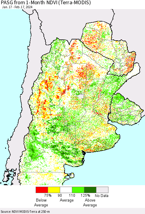 Southern South America PASG from 1-Month NDVI (Terra-MODIS) Thematic Map For 2/10/2024 - 2/17/2024