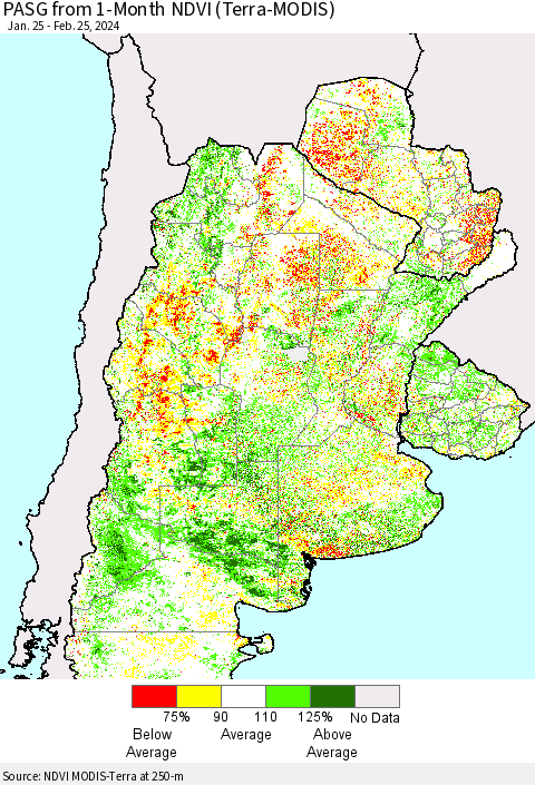 Southern South America PASG from 1-Month NDVI (Terra-MODIS) Thematic Map For 2/18/2024 - 2/25/2024