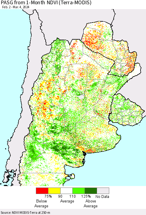 Southern South America PASG from 1-Month NDVI (Terra-MODIS) Thematic Map For 2/26/2024 - 3/4/2024
