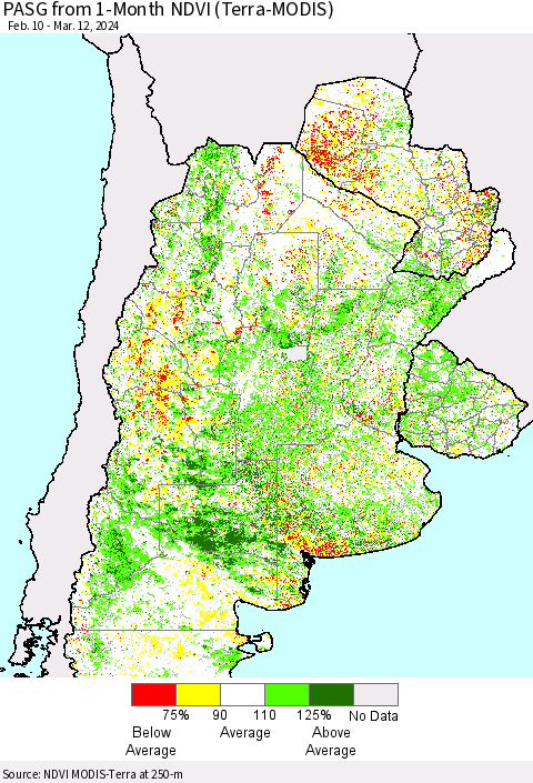 Southern South America PASG from 1-Month NDVI (Terra-MODIS) Thematic Map For 3/5/2024 - 3/12/2024