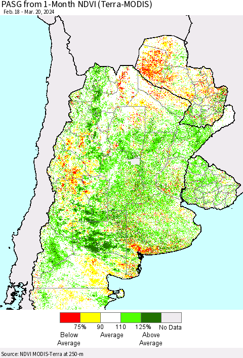 Southern South America PASG from 1-Month NDVI (Terra-MODIS) Thematic Map For 3/13/2024 - 3/20/2024