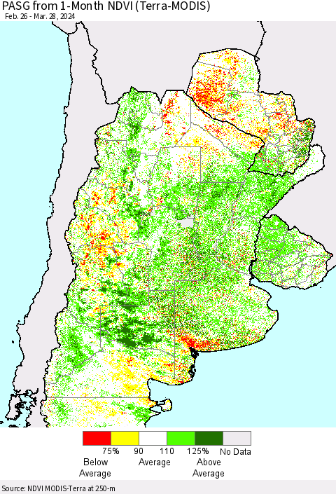 Southern South America PASG from 1-Month NDVI (Terra-MODIS) Thematic Map For 3/21/2024 - 3/28/2024