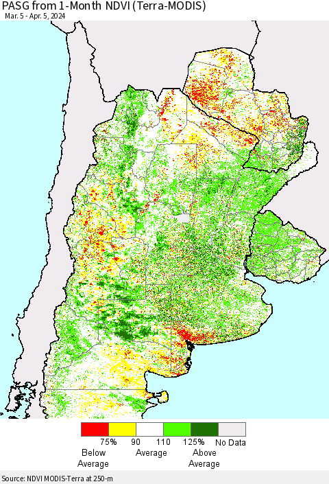Southern South America PASG from 1-Month NDVI (Terra-MODIS) Thematic Map For 3/29/2024 - 4/5/2024