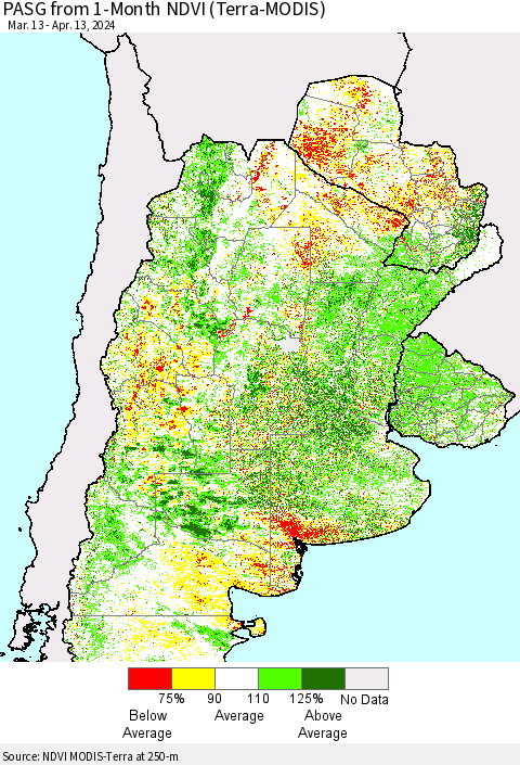 Southern South America PASG from 1-Month NDVI (Terra-MODIS) Thematic Map For 4/6/2024 - 4/13/2024