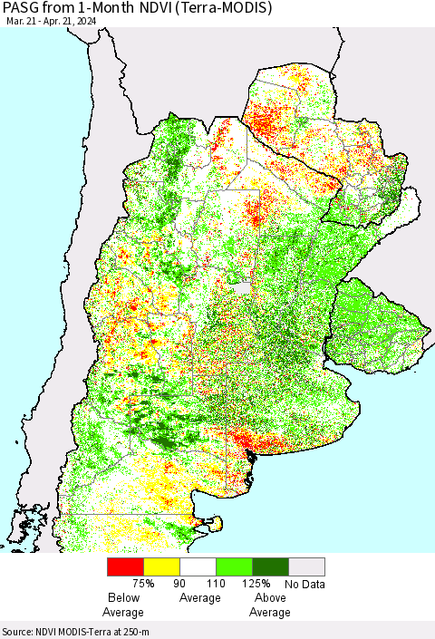 Southern South America PASG from 1-Month NDVI (Terra-MODIS) Thematic Map For 4/14/2024 - 4/21/2024