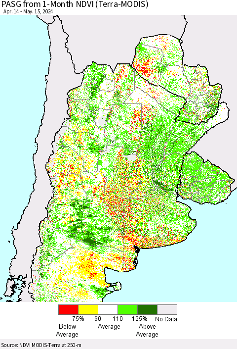 Southern South America PASG from 1-Month NDVI (Terra-MODIS) Thematic Map For 5/8/2024 - 5/15/2024