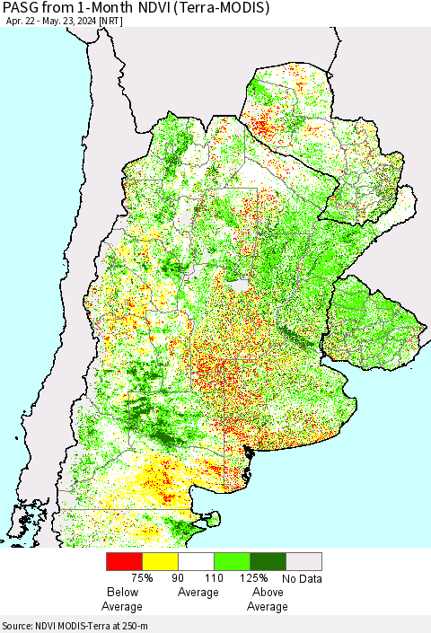 Southern South America PASG from 1-Month NDVI (Terra-MODIS) Thematic Map For 5/16/2024 - 5/23/2024