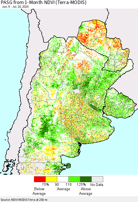 Southern South America PASG from 1-Month NDVI (Terra-MODIS) Thematic Map For 7/3/2024 - 7/10/2024