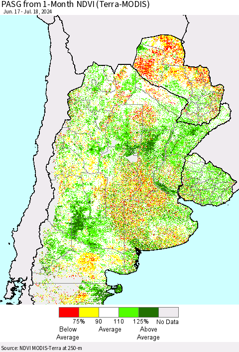 Southern South America PASG from 1-Month NDVI (Terra-MODIS) Thematic Map For 7/11/2024 - 7/18/2024