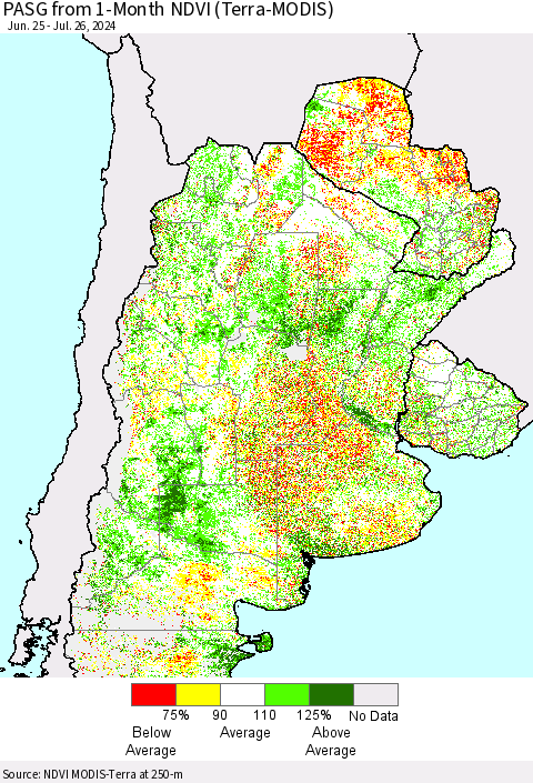 Southern South America PASG from 1-Month NDVI (Terra-MODIS) Thematic Map For 7/19/2024 - 7/26/2024