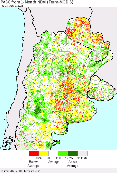 Southern South America PASG from 1-Month NDVI (Terra-MODIS) Thematic Map For 7/27/2024 - 8/3/2024