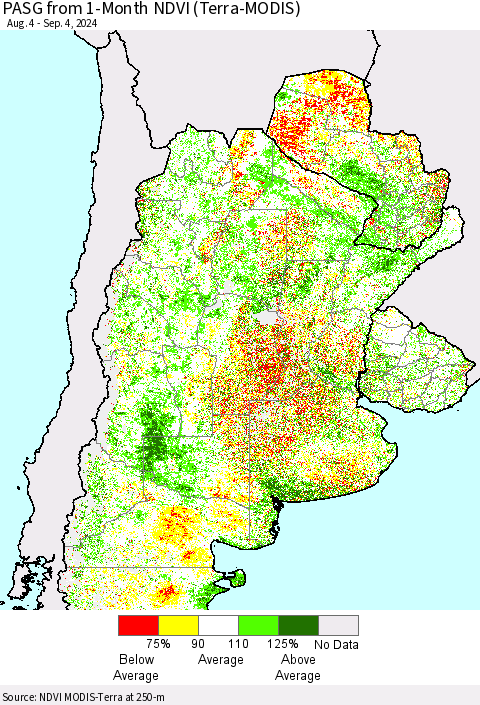 Southern South America PASG from 1-Month NDVI (Terra-MODIS) Thematic Map For 8/28/2024 - 9/4/2024