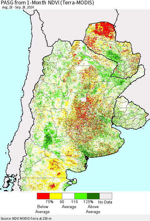 Southern South America PASG from 1-Month NDVI (Terra-MODIS) Thematic Map For 9/21/2024 - 9/28/2024
