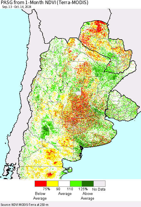 Southern South America PASG from 1-Month NDVI (Terra-MODIS) Thematic Map For 10/7/2024 - 10/14/2024
