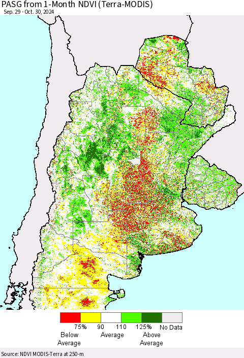 Southern South America PASG from 1-Month NDVI (Terra-MODIS) Thematic Map For 10/23/2024 - 10/30/2024