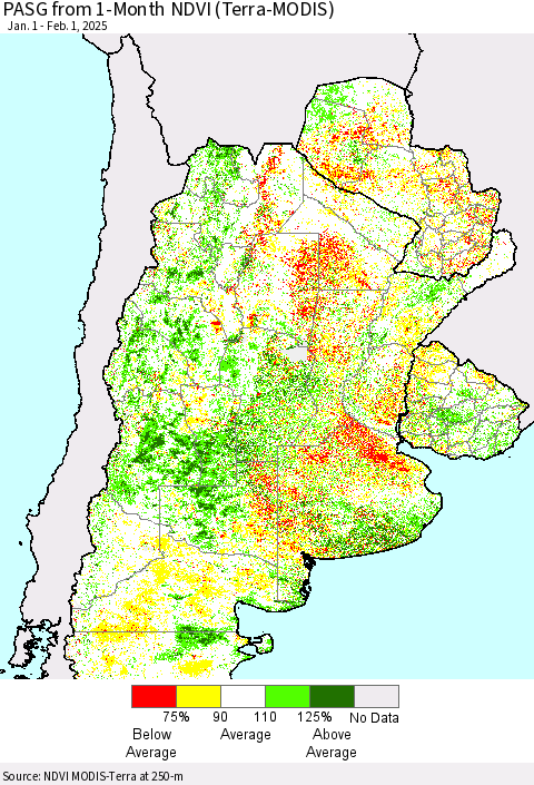 Southern South America PASG from 1-Month NDVI (Terra-MODIS) Thematic Map For 1/25/2025 - 2/1/2025