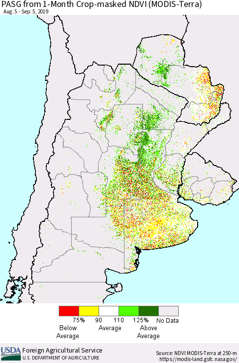 Southern South America PASG from 1-Month Cropland NDVI (Terra-MODIS) Thematic Map For 9/1/2019 - 9/10/2019