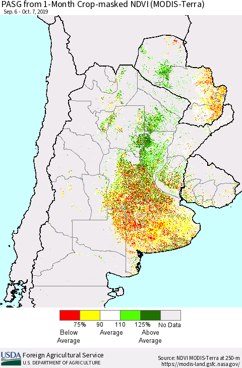 Southern South America PASG from 1-Month Cropland NDVI (Terra-MODIS) Thematic Map For 10/1/2019 - 10/10/2019