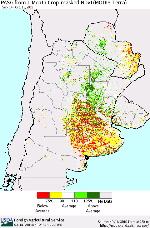 Southern South America PASG from 1-Month Cropland NDVI (Terra-MODIS) Thematic Map For 10/11/2019 - 10/20/2019
