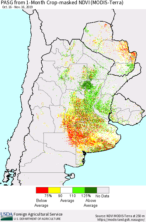 Southern South America PASG from 1-Month Cropland NDVI (Terra-MODIS) Thematic Map For 11/11/2019 - 11/20/2019