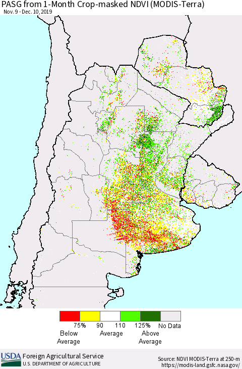 Southern South America PASG from 1-Month Cropland NDVI (Terra-MODIS) Thematic Map For 12/1/2019 - 12/10/2019