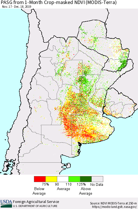 Southern South America PASG from 1-Month Cropland NDVI (Terra-MODIS) Thematic Map For 12/11/2019 - 12/20/2019