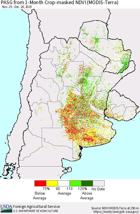 Southern South America PASG from 1-Month Cropland NDVI (Terra-MODIS) Thematic Map For 12/21/2019 - 12/31/2019