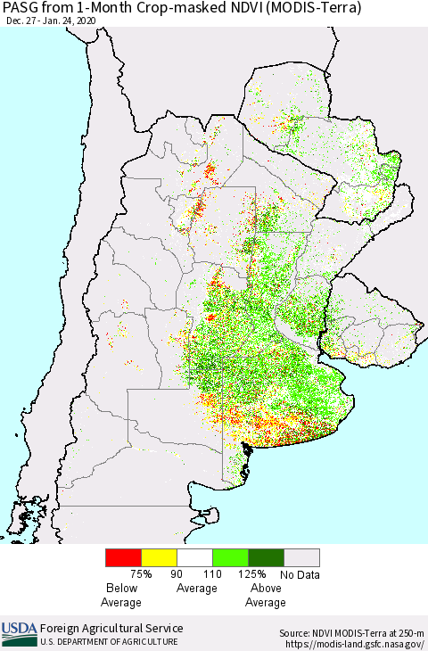Southern South America PASG from 1-Month Cropland NDVI (Terra-MODIS) Thematic Map For 1/21/2020 - 1/31/2020