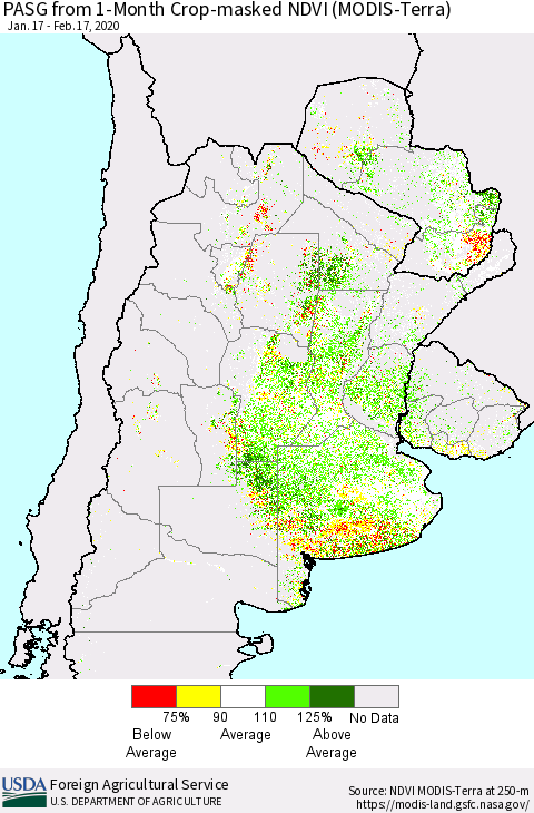 Southern South America PASG from 1-Month Cropland NDVI (Terra-MODIS) Thematic Map For 2/11/2020 - 2/20/2020