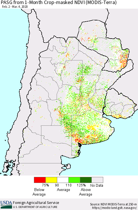 Southern South America PASG from 1-Month Cropland NDVI (Terra-MODIS) Thematic Map For 3/1/2020 - 3/10/2020