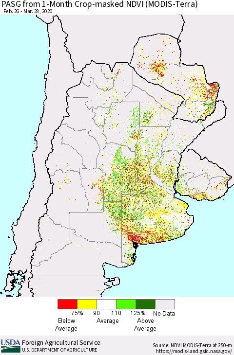 Southern South America PASG from 1-Month Cropland NDVI (Terra-MODIS) Thematic Map For 3/21/2020 - 3/31/2020