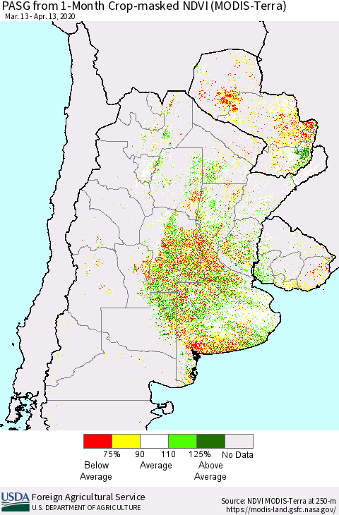 Southern South America PASG from 1-Month Cropland NDVI (Terra-MODIS) Thematic Map For 4/11/2020 - 4/20/2020