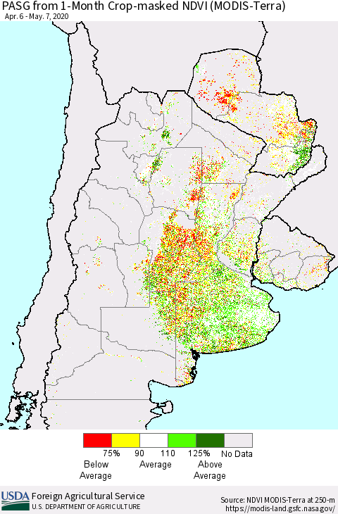 Southern South America PASG from 1-Month Cropland NDVI (Terra-MODIS) Thematic Map For 5/1/2020 - 5/10/2020