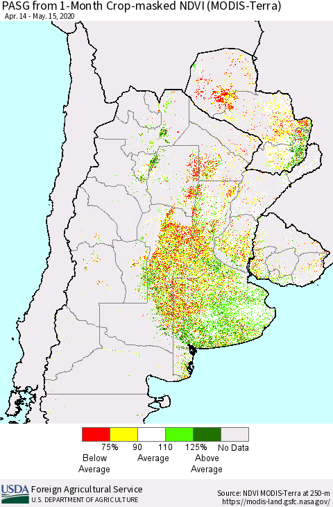 Southern South America PASG from 1-Month Cropland NDVI (Terra-MODIS) Thematic Map For 5/11/2020 - 5/20/2020