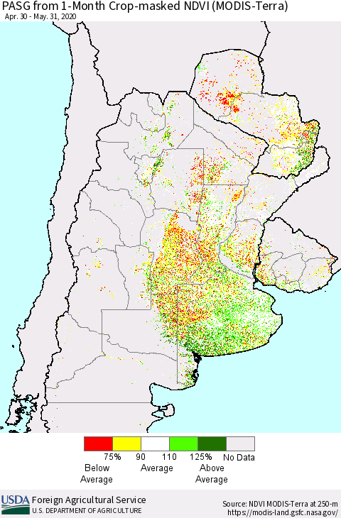 Southern South America PASG from 1-Month Cropland NDVI (Terra-MODIS) Thematic Map For 5/21/2020 - 5/31/2020