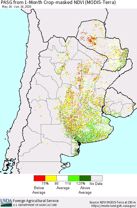 Southern South America PASG from 1-Month Cropland NDVI (Terra-MODIS) Thematic Map For 6/11/2020 - 6/20/2020