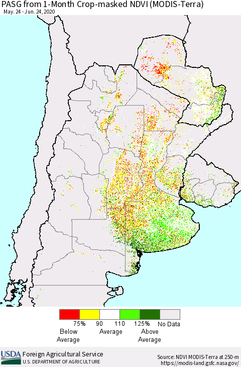 Southern South America PASG from 1-Month Cropland NDVI (Terra-MODIS) Thematic Map For 6/21/2020 - 6/30/2020