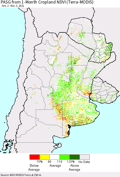 Southern South America PASG from 1-Month Cropland NDVI (Terra-MODIS) Thematic Map For 2/26/2021 - 3/5/2021