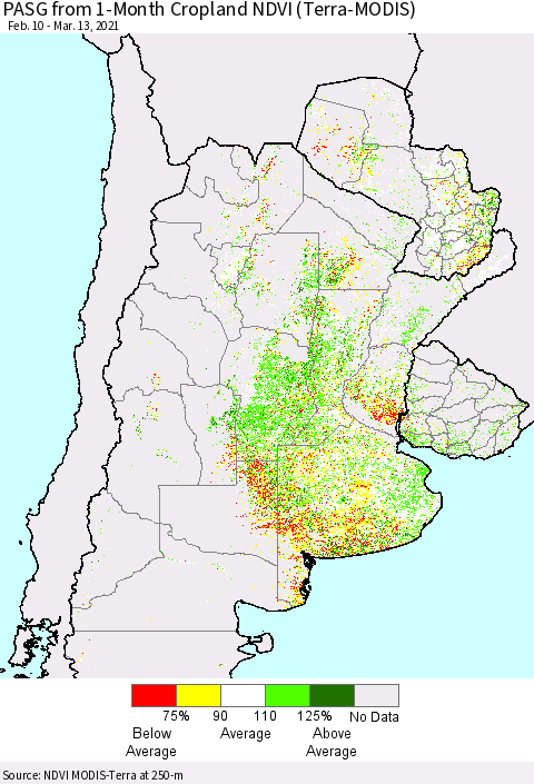 Southern South America PASG from 1-Month Cropland NDVI (Terra-MODIS) Thematic Map For 3/6/2021 - 3/13/2021
