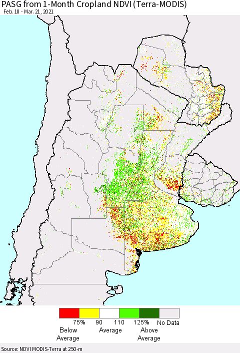Southern South America PASG from 1-Month Cropland NDVI (Terra-MODIS) Thematic Map For 3/14/2021 - 3/21/2021