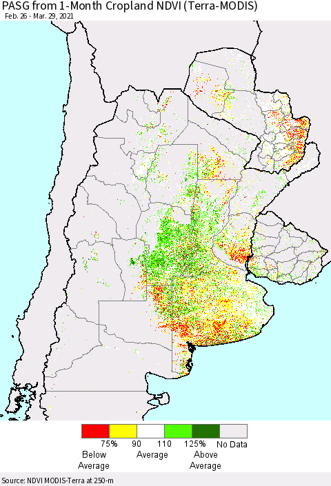 Southern South America PASG from 1-Month Cropland NDVI (Terra-MODIS) Thematic Map For 3/22/2021 - 3/29/2021