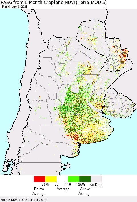 Southern South America PASG from 1-Month Cropland NDVI (Terra-MODIS) Thematic Map For 3/30/2021 - 4/6/2021
