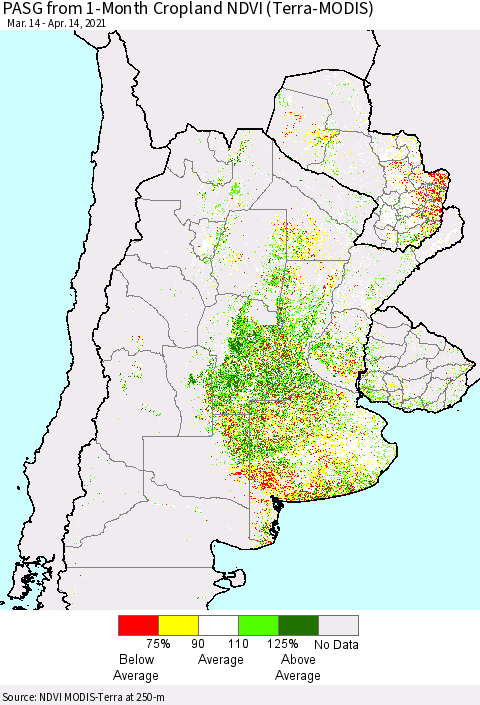 Southern South America PASG from 1-Month Cropland NDVI (Terra-MODIS) Thematic Map For 4/7/2021 - 4/14/2021