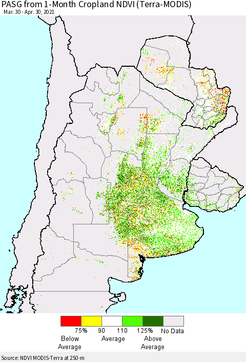 Southern South America PASG from 1-Month Cropland NDVI (Terra-MODIS) Thematic Map For 4/23/2021 - 4/30/2021