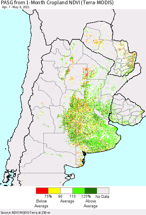 Southern South America PASG from 1-Month Cropland NDVI (Terra-MODIS) Thematic Map For 5/1/2021 - 5/8/2021
