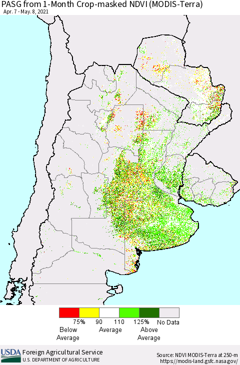 Southern South America PASG from 1-Month Cropland NDVI (Terra-MODIS) Thematic Map For 5/1/2021 - 5/10/2021
